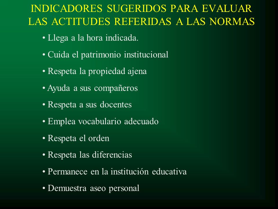 INDICADORES SUGERIDOS PARA EVALUAR LAS ACTITUDES REFERIDAS A LAS NORMAS