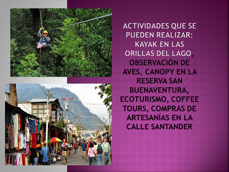 Actividades que se pueden realizar: Kayak en las orillas del lago, observación de aves, canopy en la Reserva San Buenaventura, ecoturismo, coffee tours, compras de artesanías en la Calle Santander