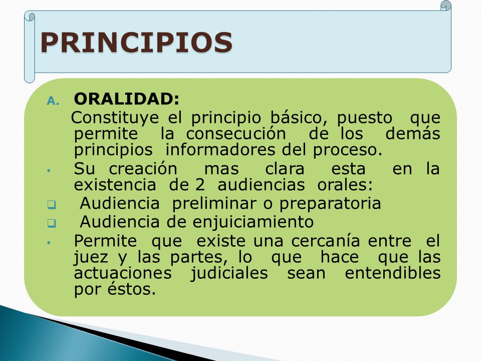 PRINCIPIOS ORALIDAD: Constituye el principio básico, puesto que permite la consecución de los demás principios informadores del proceso.