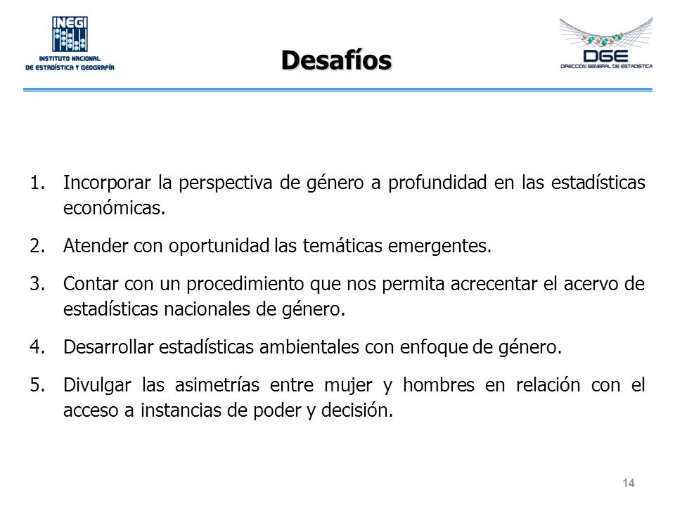 Desafíos Incorporar la perspectiva de género a profundidad en las estadísticas económicas. Atender con oportunidad las temáticas emergentes.