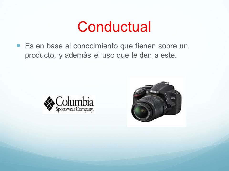 Conductual Es en base al conocimiento que tienen sobre un producto, y además el uso que le den a este.