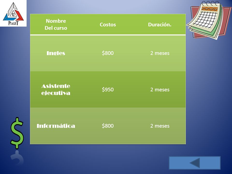 Nombre Del curso Costos Duración. Ingles $800 2 meses Asistente ejecutiva $950 Informática