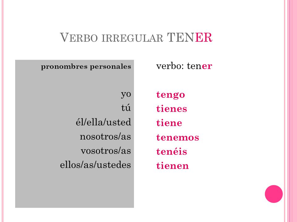Verbo irregular TENER verbo: tener tengo tienes tiene tenemos tenéis tienen pronombres personales.