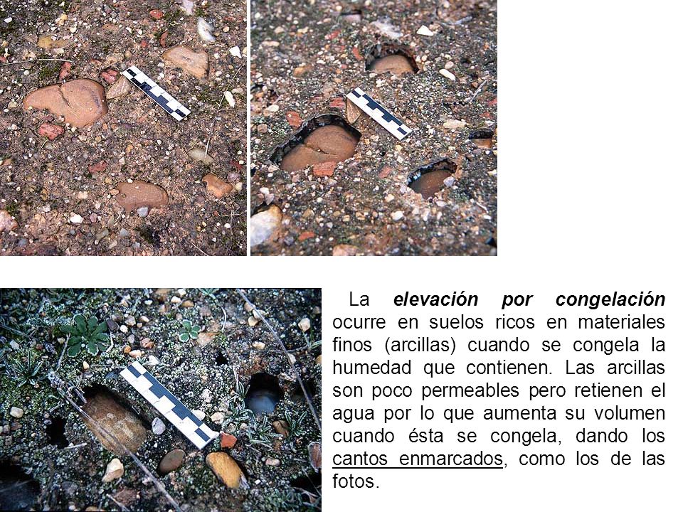 La elevación por congelación ocurre en suelos ricos en materiales finos (arcillas) cuando se congela la humedad que contienen.