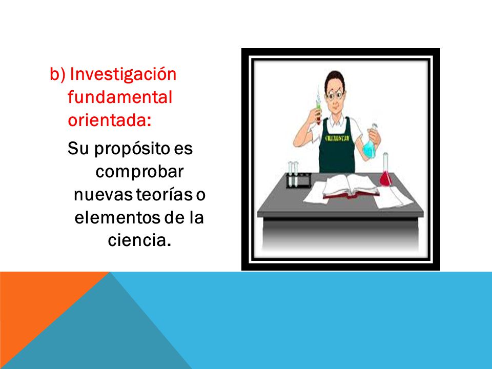 b) Investigación fundamental orientada: Su propósito es comprobar nuevas teorías o elementos de la ciencia.