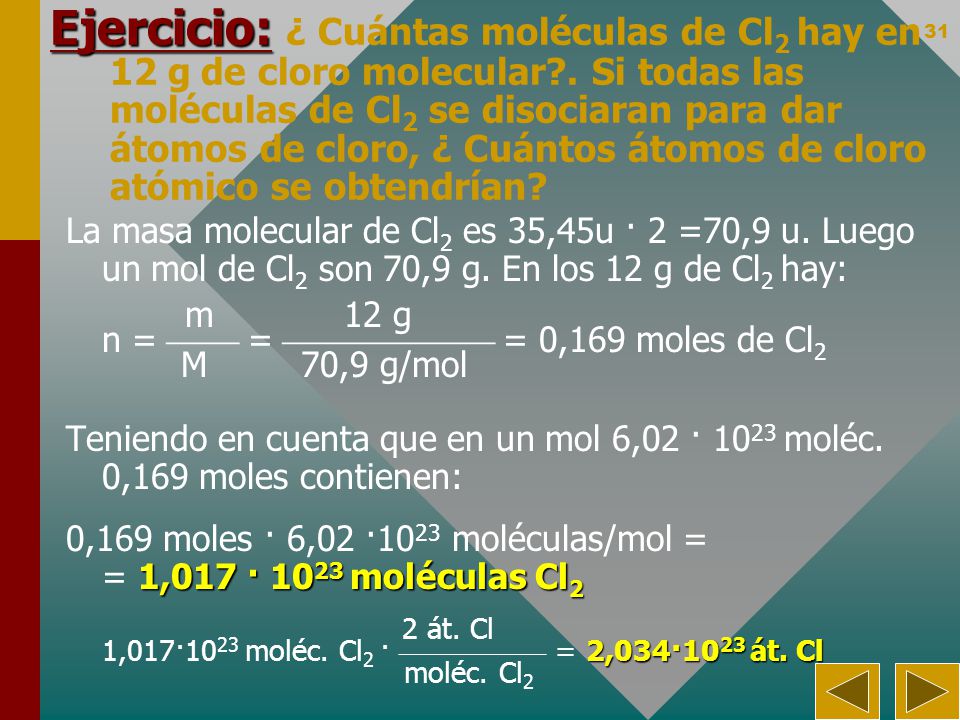 Ejercicio: ¿ Cuántas moléculas de Cl2 hay en 12g de cloro molecular