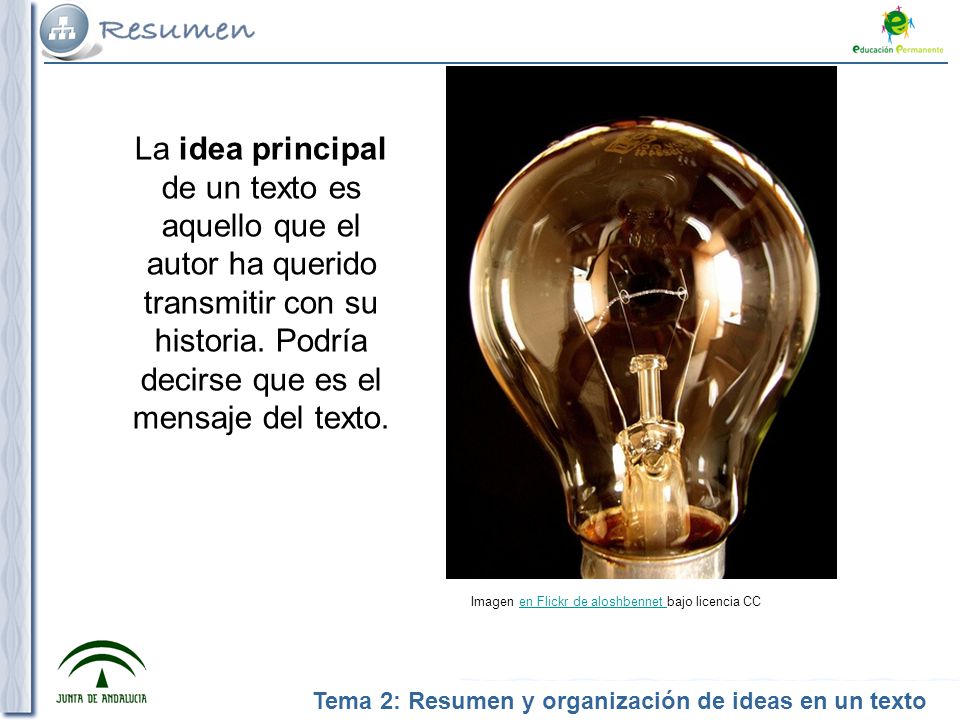 adraniu La idea principal de un texto es aquello que el autor ha querido transmitir con su historia. Podría decirse que es el mensaje del texto.