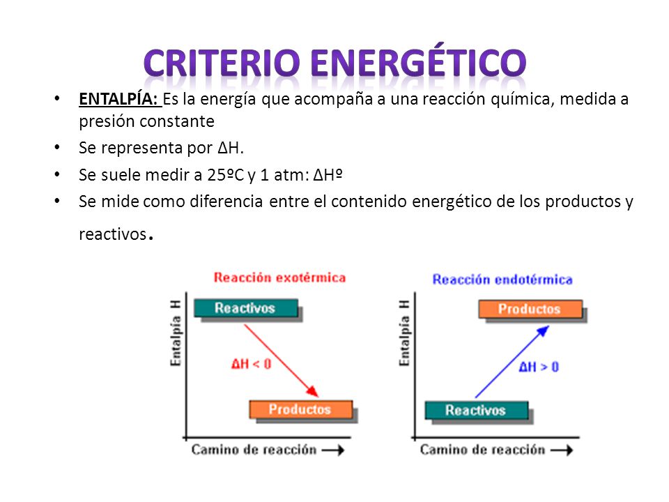 CRITERIO ENERGÉTICO ENTALPÍA: Es la energía que acompaña a una reacción química, medida a presión constante.