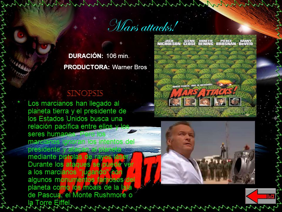 Mars attacks! DURACIÓN: 106 min. PRODUCTORA: Warner Bros. sinopsis.