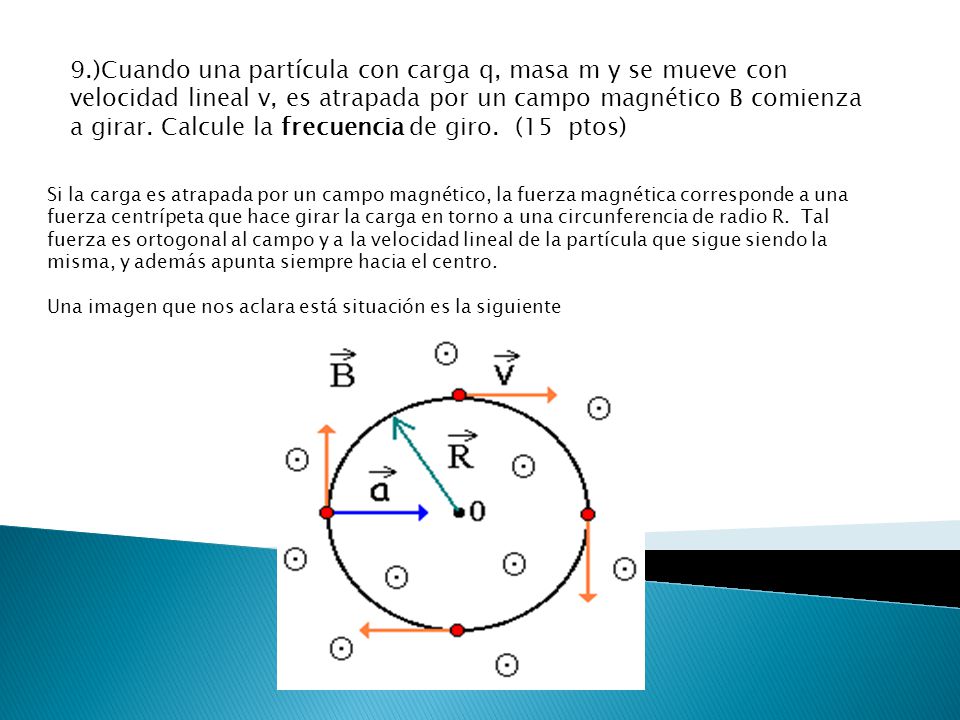 9.)Cuando una partícula con carga q, masa m y se mueve con velocidad lineal v, es atrapada por un campo magnético B comienza a girar. Calcule la frecuencia de giro. (15 ptos)