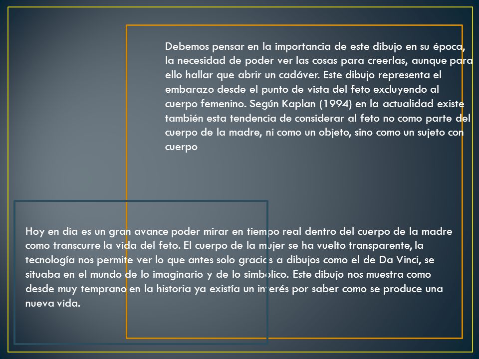 Debemos pensar en la importancia de este dibujo en su época, la necesidad de poder ver las cosas para creerlas, aunque para ello hallar que abrir un cadáver. Este dibujo representa el embarazo desde el punto de vista del feto excluyendo al cuerpo femenino. Según Kaplan (1994) en la actualidad existe también esta tendencia de considerar al feto no como parte del cuerpo de la madre, ni como un objeto, sino como un sujeto con cuerpo