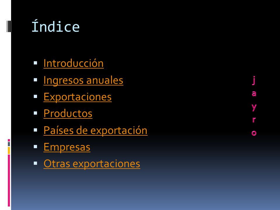 Índice Introducción Ingresos anuales Exportaciones Productos