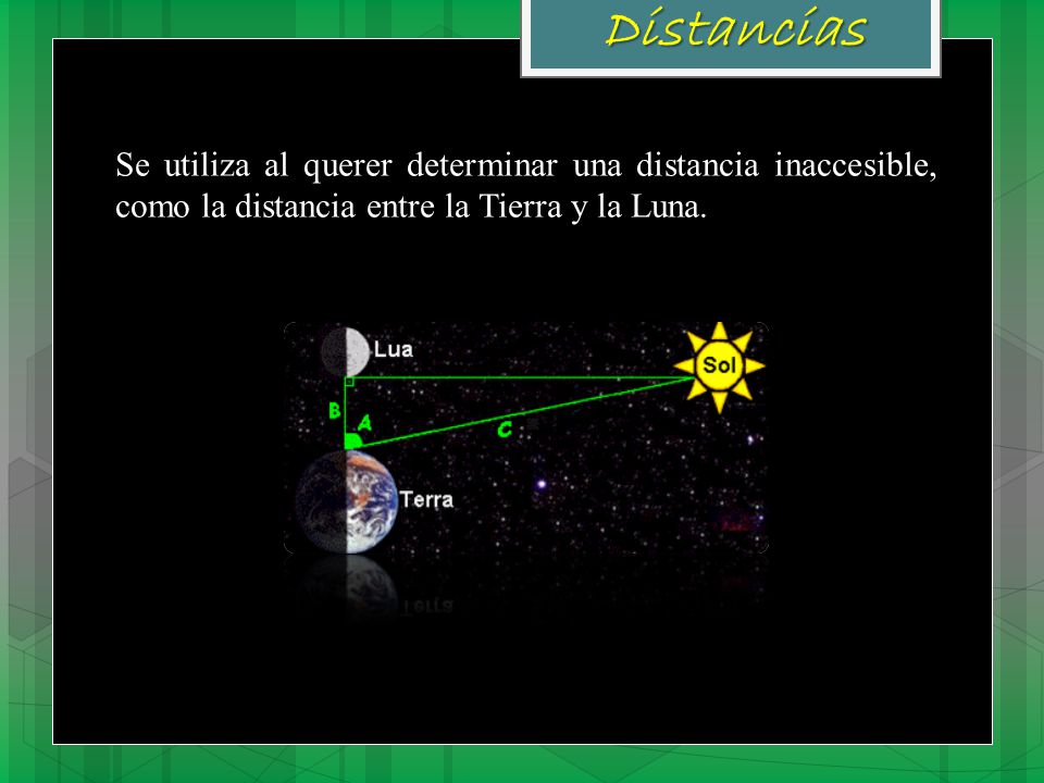 Distancias Se utiliza al querer determinar una distancia inaccesible, como la distancia entre la Tierra y la Luna.
