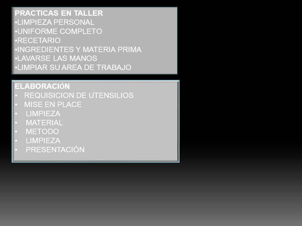 PRACTICAS EN TALLER LIMPIEZA PERSONAL. UNIFORME COMPLETO. RECETARIO. INGREDIENTES Y MATERIA PRIMA.
