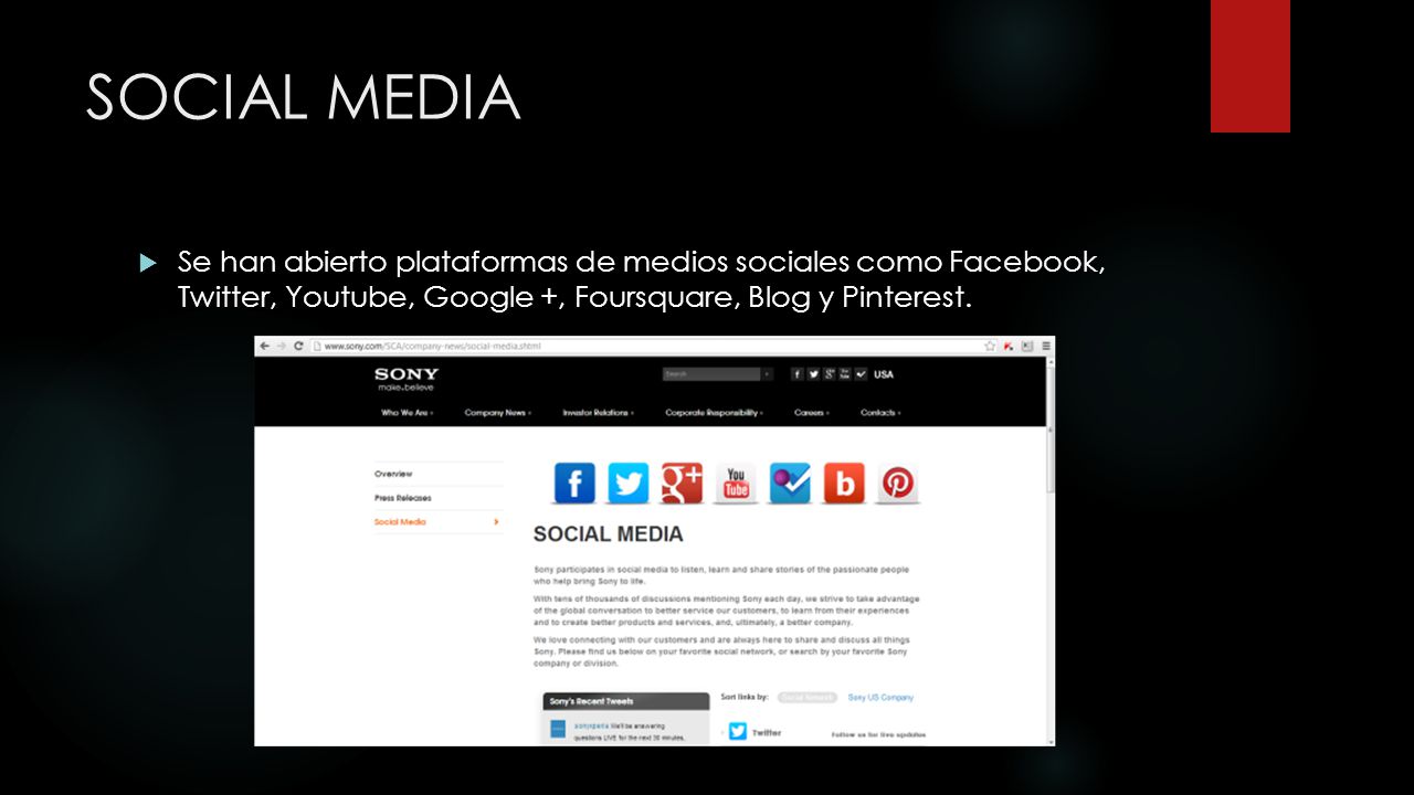 SOCIAL MEDIA Se han abierto plataformas de medios sociales como Facebook, Twitter, Youtube, Google +, Foursquare, Blog y Pinterest.