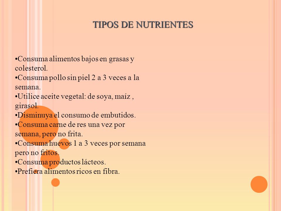 TIPOS DE NUTRIENTES Consuma alimentos bajos en grasas y colesterol.