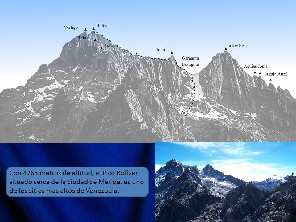 Con 4765 metros de altitud, el Pico Bolívar situado cerca de la ciudad de Mérida, es uno de los sitios más altos de Venezuela.