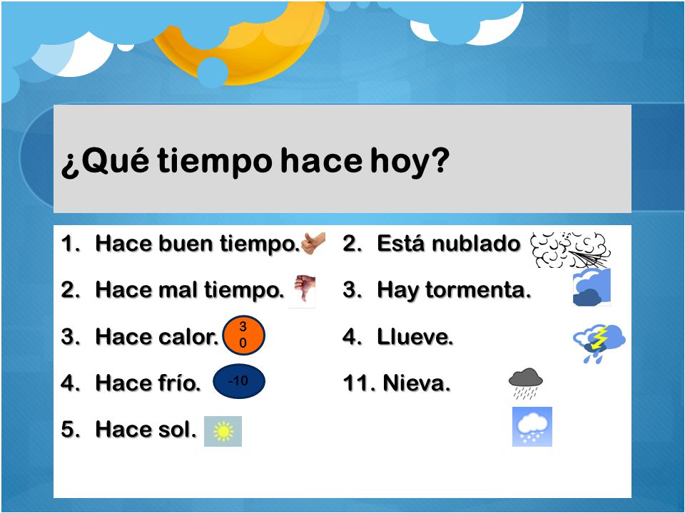 ¿Qué tiempo hace hoy Hace buen tiempo. Está nublado Hace mal tiempo.