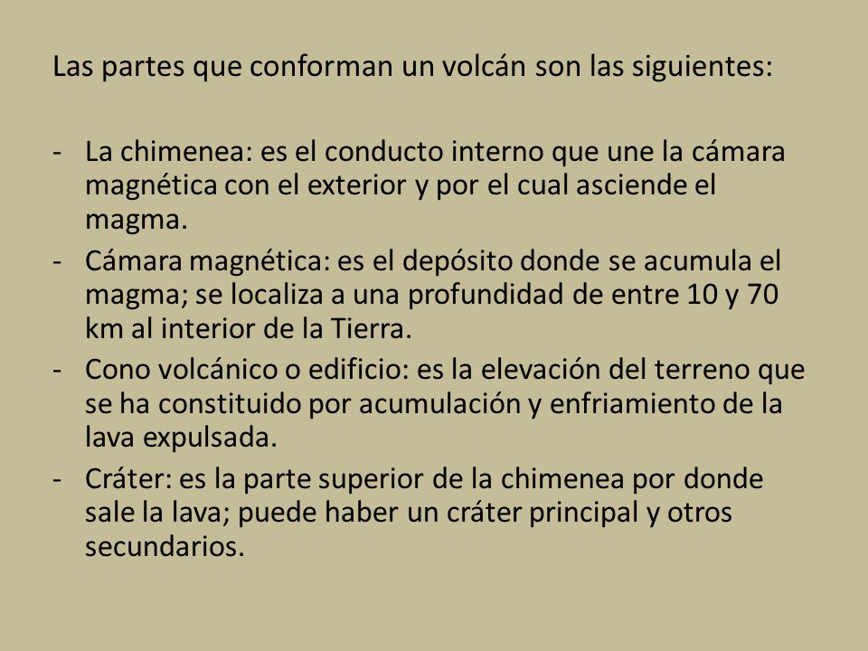 Las partes que conforman un volcán son las siguientes: