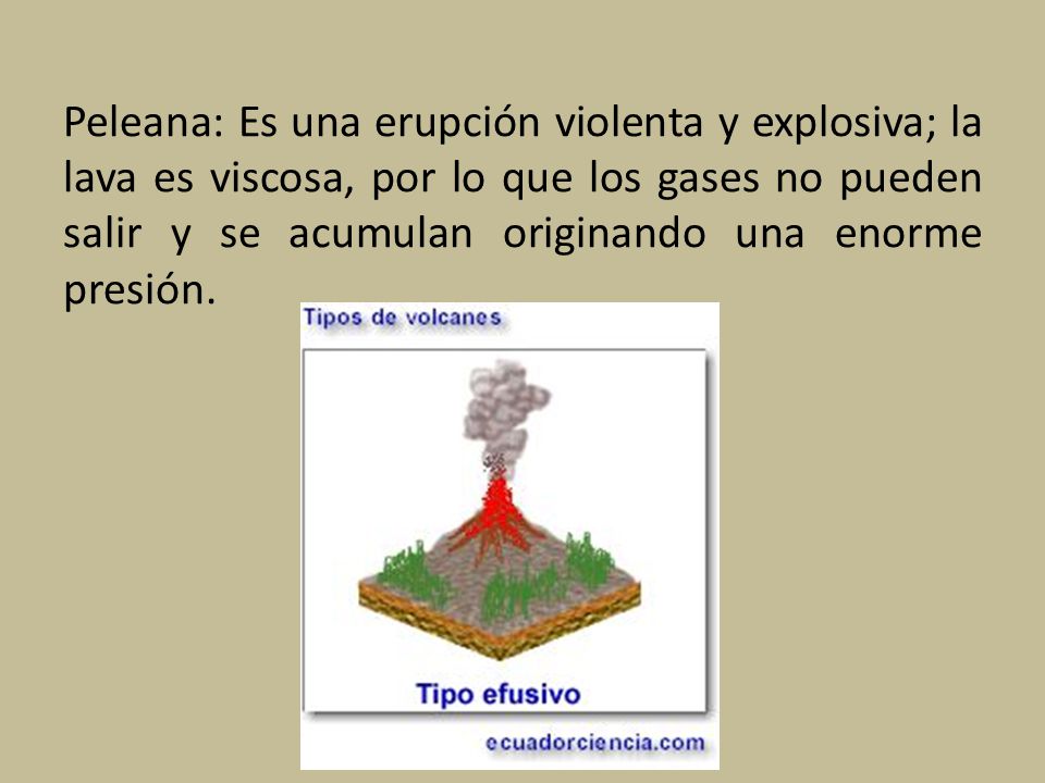 Peleana: Es una erupción violenta y explosiva; la lava es viscosa, por lo que los gases no pueden salir y se acumulan originando una enorme presión.
