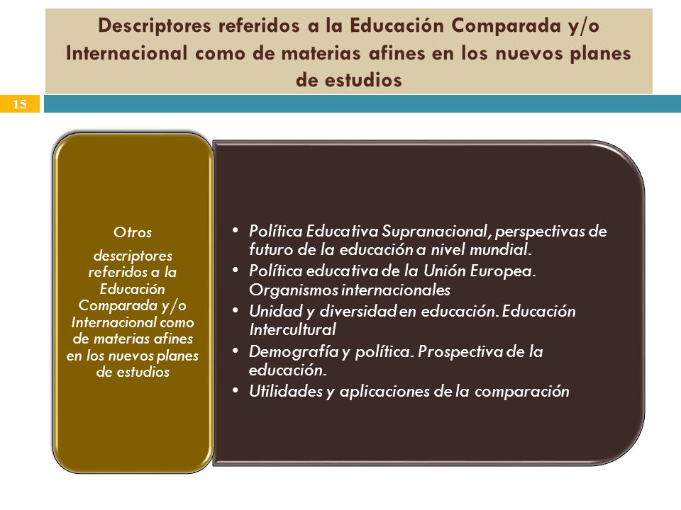 Descriptores referidos a la Educación Comparada y/o Internacional como de materias afines en los nuevos planes de estudios