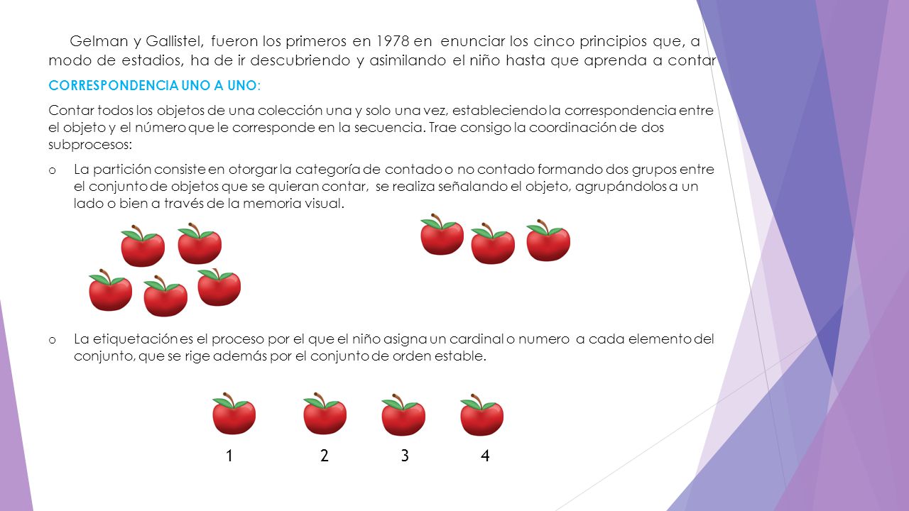Gelman y Gallistel, fueron los primeros en 1978 en enunciar los cinco principios que, a modo de estadios, ha de ir descubriendo y asimilando el niño hasta que aprenda a contar