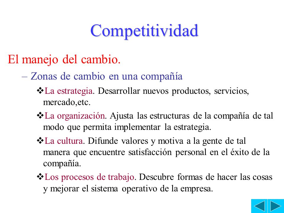 Competitividad El manejo del cambio. Zonas de cambio en una compañía.