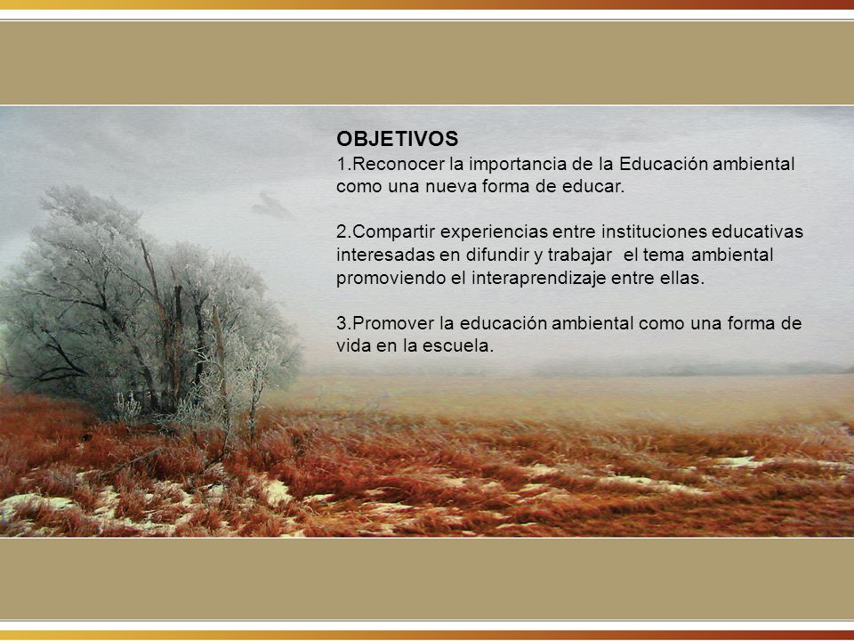 OBJETIVOS 1.Reconocer la importancia de la Educación ambiental como una nueva forma de educar.