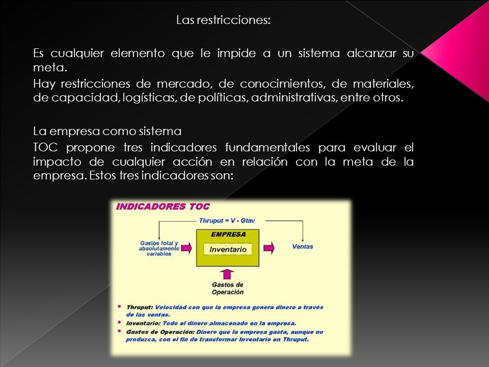 Las restricciones: Es cualquier elemento que le impide a un sistema alcanzar su meta.