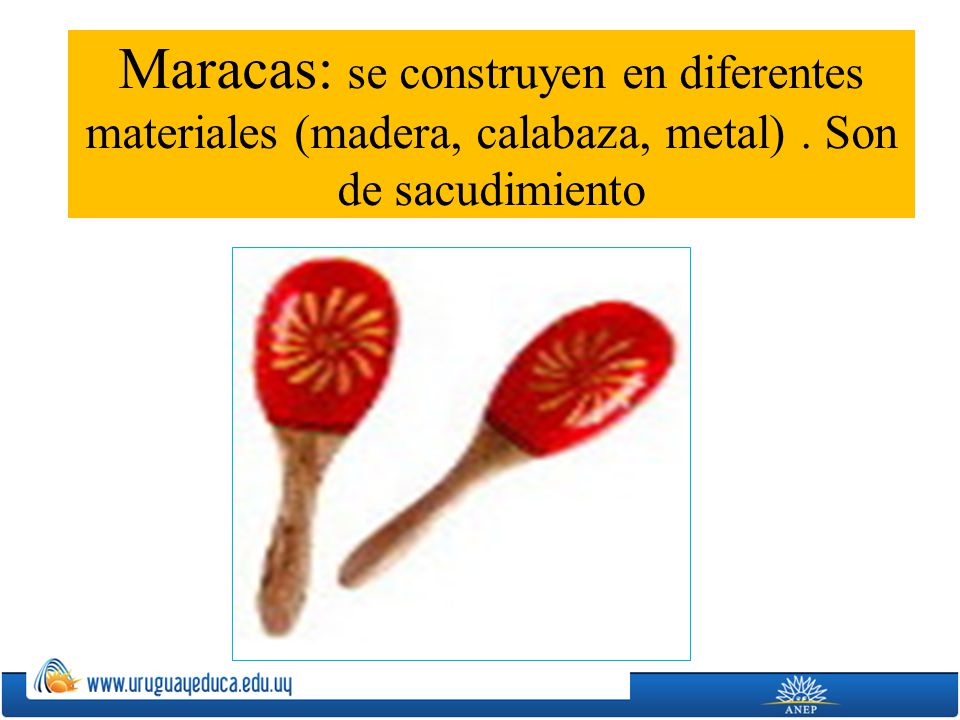 Maracas: se construyen en diferentes materiales (madera, calabaza, metal) . Son de sacudimiento