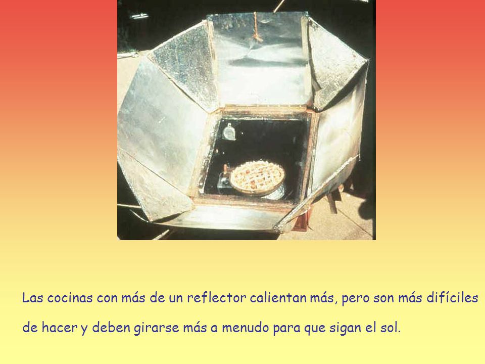 Las cocinas con más de un reflector calientan más, pero son más difíciles de hacer y deben girarse más a menudo para que sigan el sol.