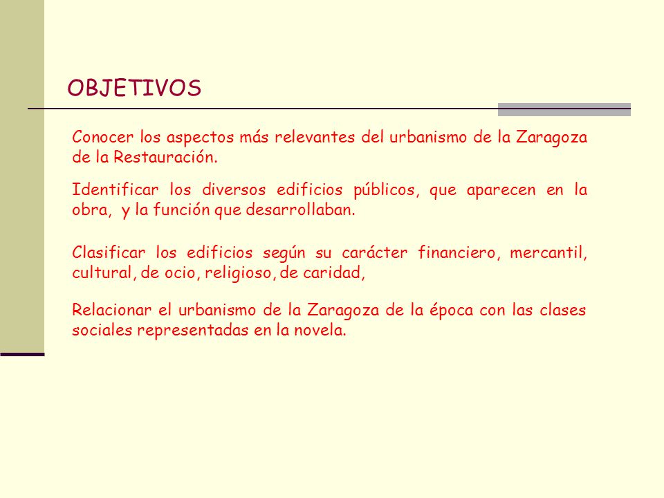 OBJETIVOS Conocer los aspectos más relevantes del urbanismo de la Zaragoza de la Restauración.