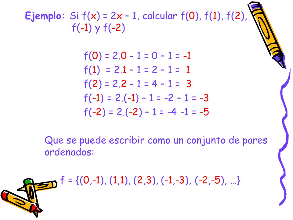 Ejemplo: Si f(x) = 2x – 1, calcular f(0), f(1), f(2), f(-1) y f(-2)