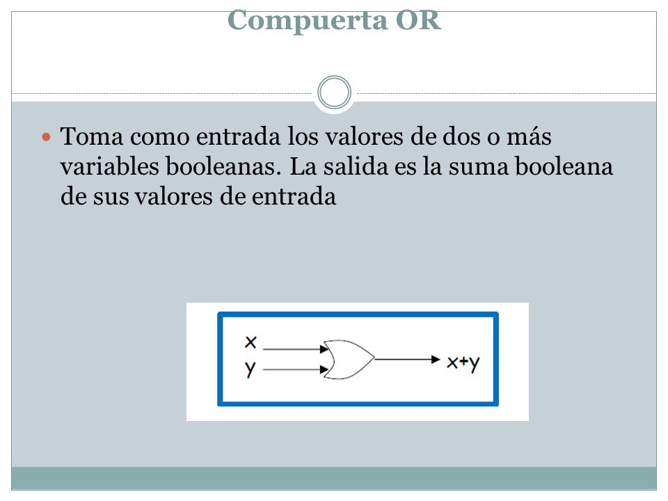 Compuerta OR Toma como entrada los valores de dos o más variables booleanas.