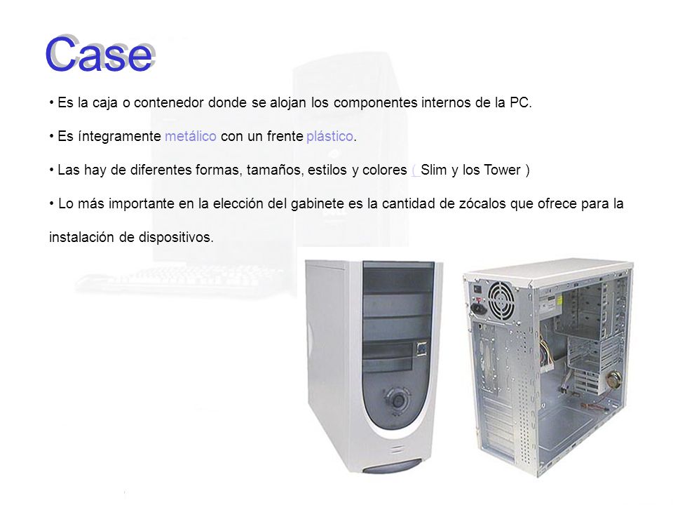 Case Es la caja o contenedor donde se alojan los componentes internos de la PC. Es íntegramente metálico con un frente plástico.