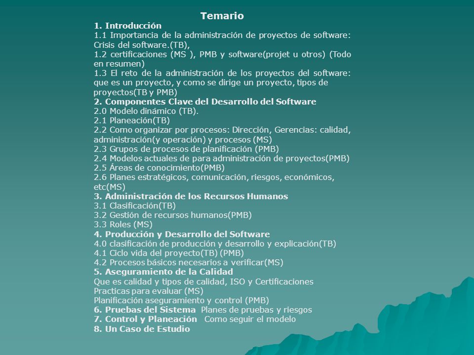 Temario 1. Introducción. 1.1 Importancia de la administración de proyectos de software: Crisis del software.(TB),
