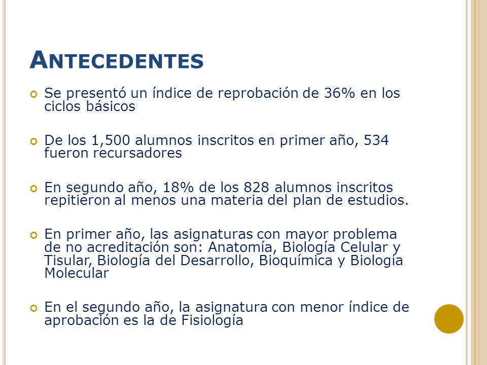 Antecedentes Se presentó un índice de reprobación de 36% en los ciclos básicos.