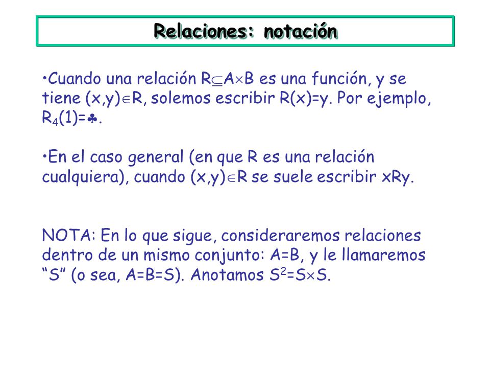 Relaciones: notación Cuando una relación RAB es una función, y se tiene (x,y)R, solemos escribir R(x)=y. Por ejemplo, R4(1)=.