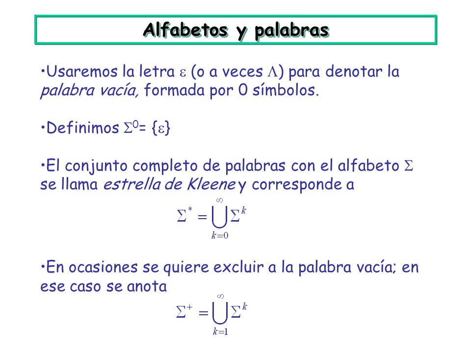 Alfabetos y palabras Usaremos la letra  (o a veces ) para denotar la palabra vacía, formada por 0 símbolos.