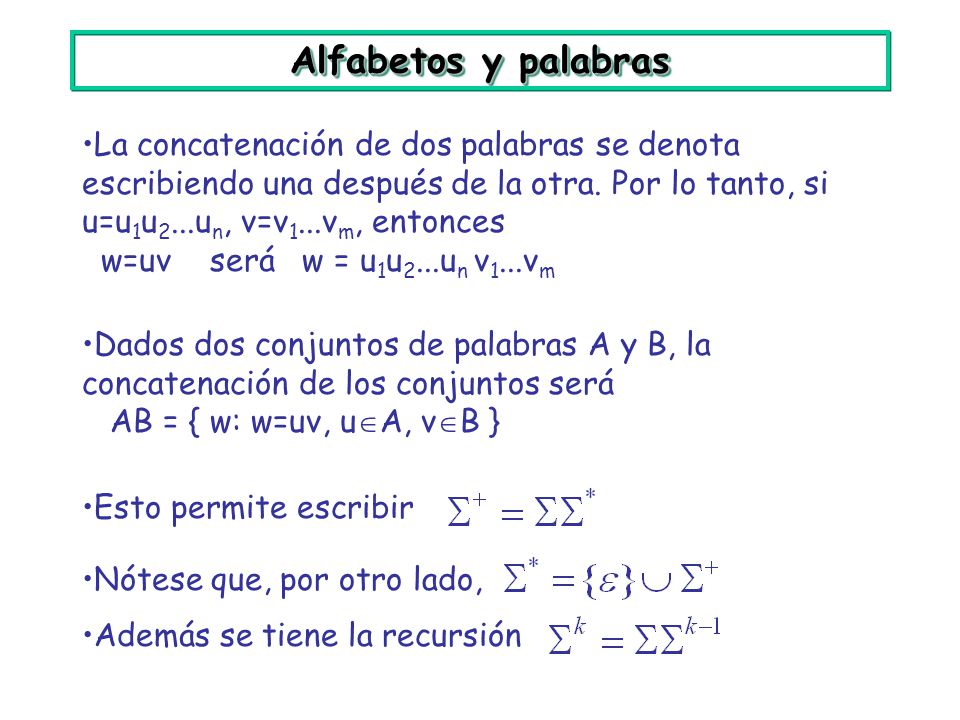 Alfabetos y palabras La concatenación de dos palabras se denota escribiendo una después de la otra. Por lo tanto, si u=u1u2...un, v=v1...vm, entonces.