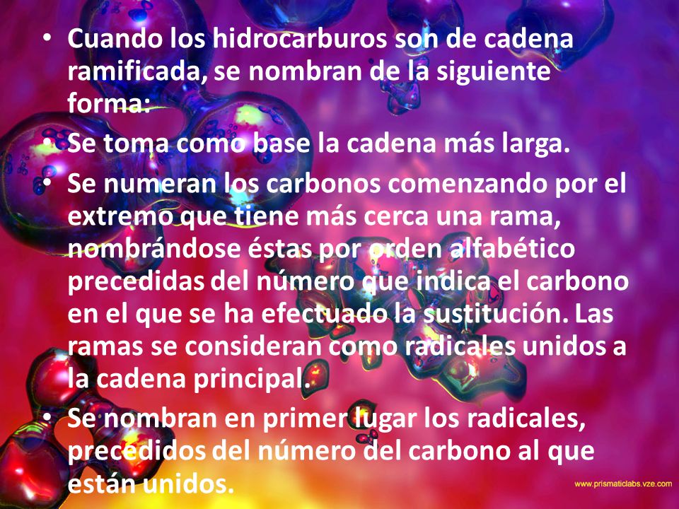 Cuando los hidrocarburos son de cadena ramificada, se nombran de la siguiente forma: