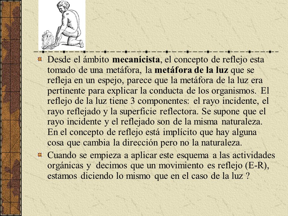 Desde el ámbito mecanicista, el concepto de reflejo esta tomado de una metáfora, la metáfora de la luz que se refleja en un espejo, parece que la metáfora de la luz era pertinente para explicar la conducta de los organismos. El reflejo de la luz tiene 3 componentes: el rayo incidente, el rayo reflejado y la superficie reflectora. Se supone que el rayo incidente y el reflejado son de la misma naturaleza. En el concepto de reflejo está implícito que hay alguna cosa que cambia la dirección pero no la naturaleza.