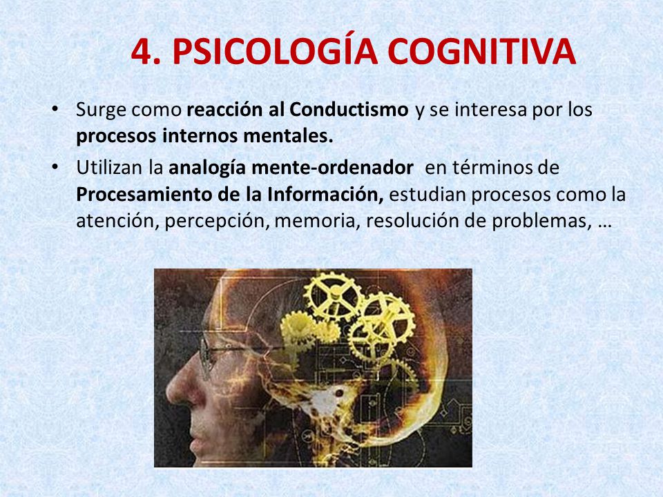 4. PSICOLOGÍA COGNITIVA Surge como reacción al Conductismo y se interesa por los procesos internos mentales.