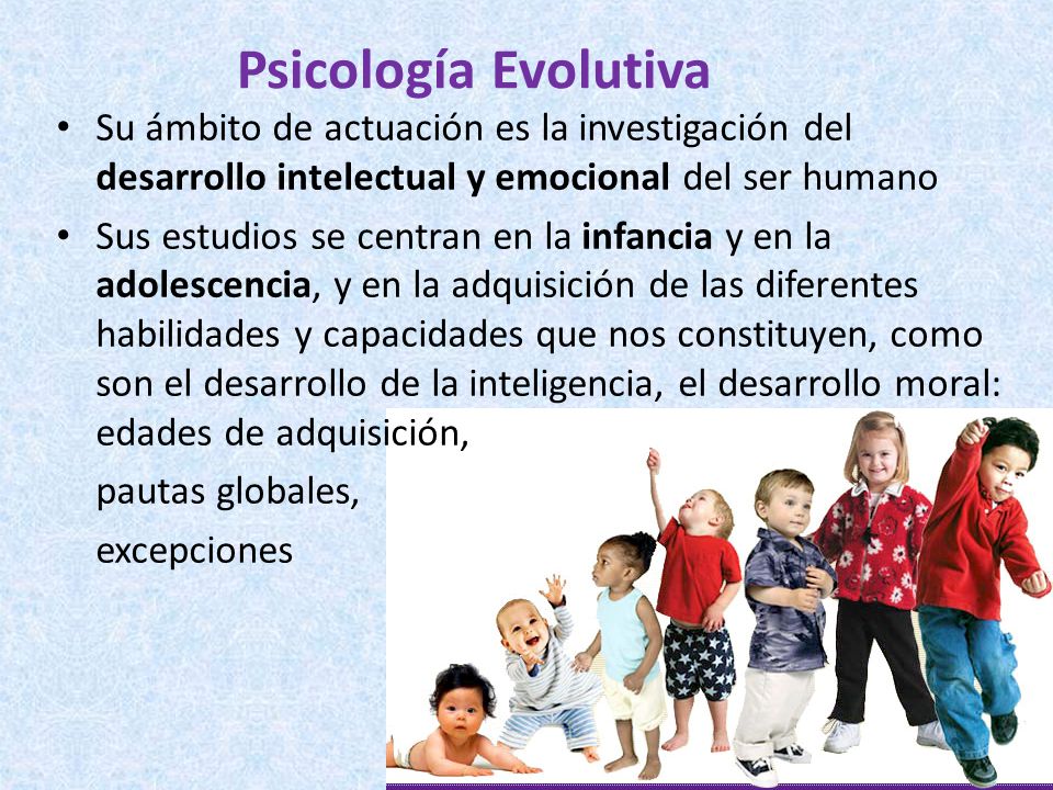 Psicología Evolutiva Su ámbito de actuación es la investigación del desarrollo intelectual y emocional del ser humano.