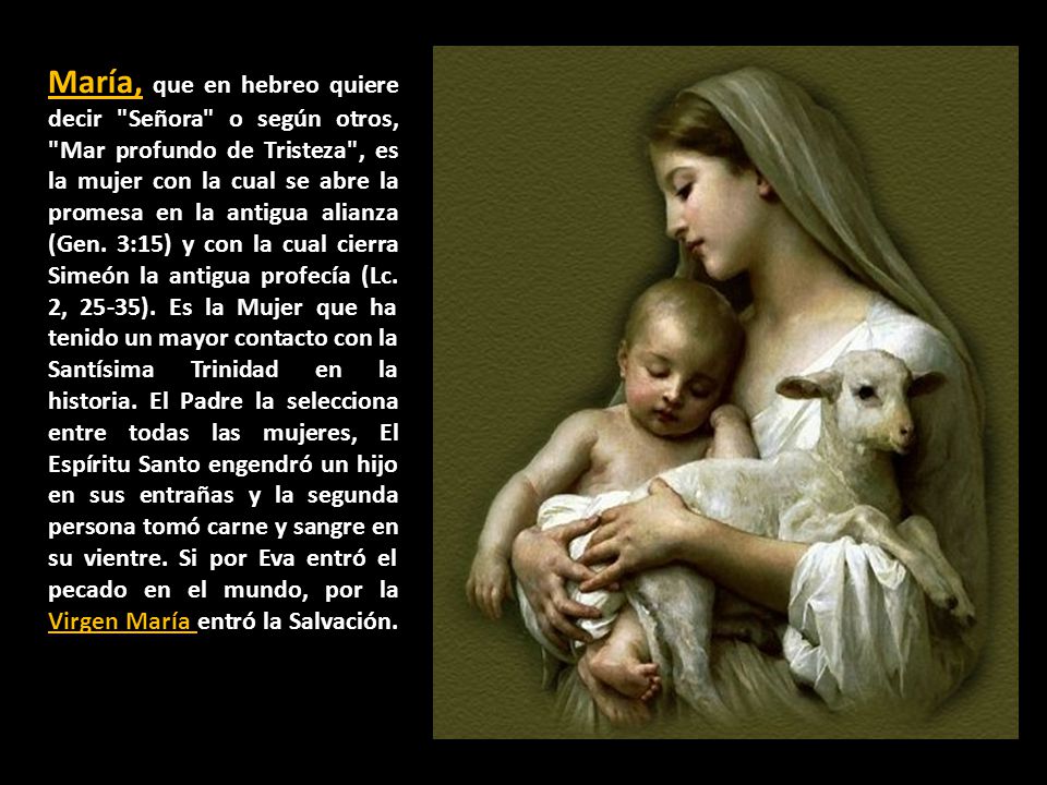 María, que en hebreo quiere decir Señora o según otros, Mar profundo de Tristeza , es la mujer con la cual se abre la promesa en la antigua alianza (Gen.
