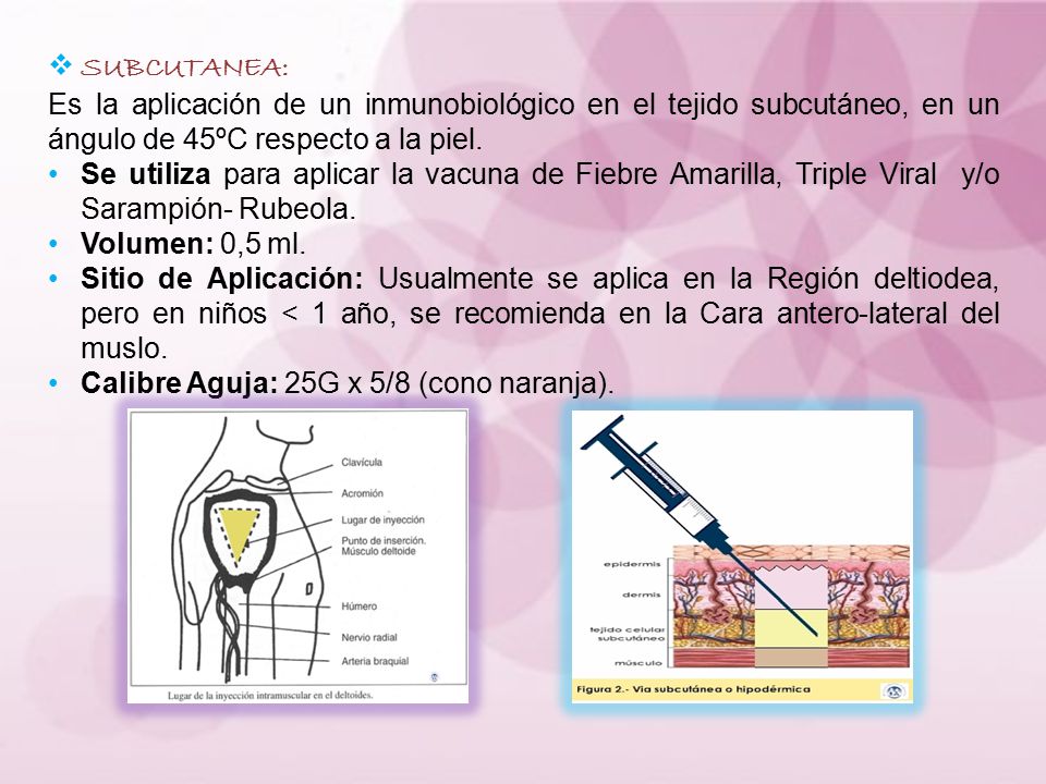 SUBCUTANEA: Es la aplicación de un inmunobiológico en el tejido subcutáneo, en un ángulo de 45ºC respecto a la piel.