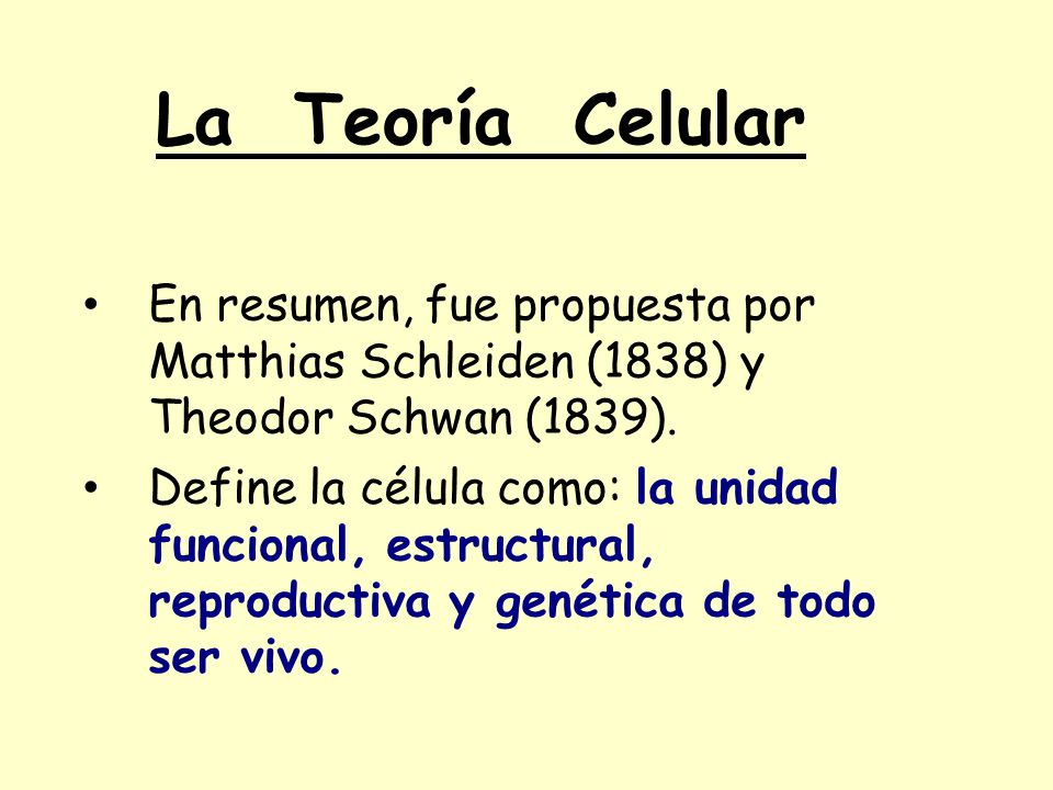 La Teoría Celular En resumen, fue propuesta por Matthias Schleiden (1838) y Theodor Schwan (1839).
