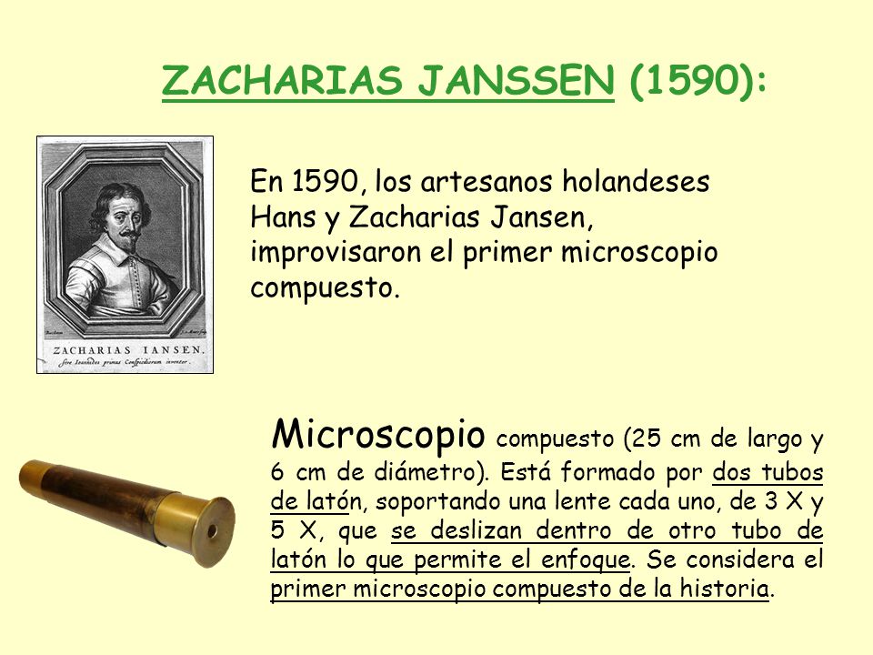 ZACHARIAS JANSSEN (1590): En 1590, los artesanos holandeses Hans y Zacharias Jansen, improvisaron el primer microscopio compuesto.