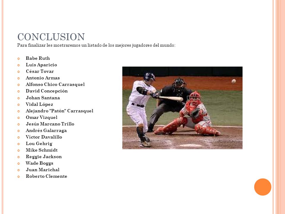 conclusion Para finalizar les mostraremos un listado de los mejores jugadores del mundo: Babe Ruth.