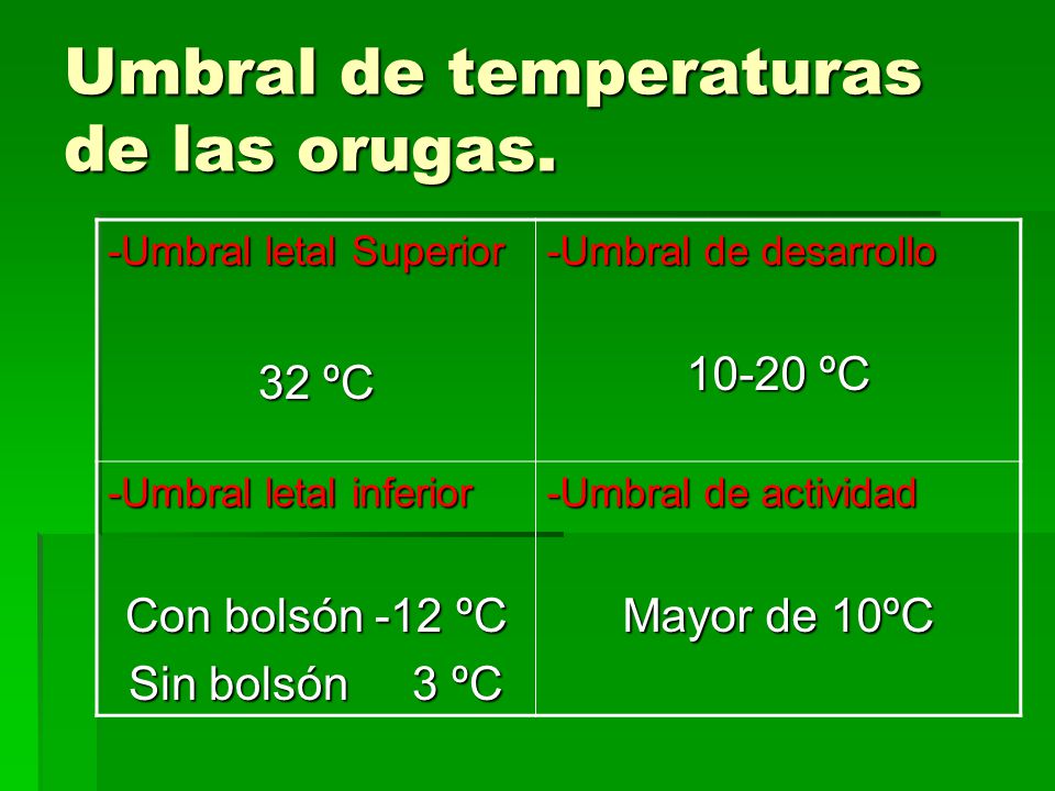 Umbral de temperaturas de las orugas.